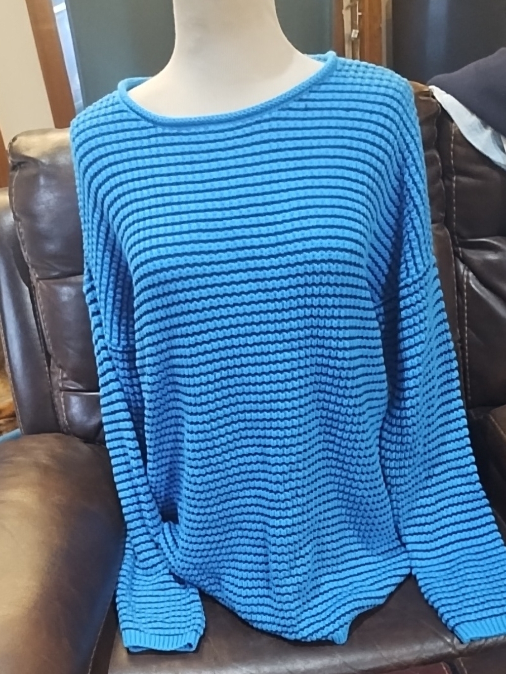 Blue & Black Ribbed Knit Women’s Sweater - Classic Crewneck